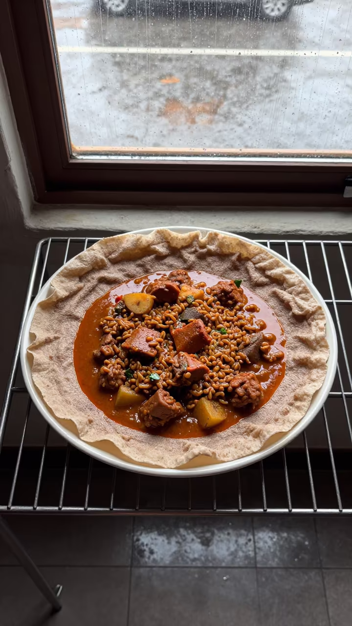 Doro Wat and Injera on Bakery Rack in on a bakery cooling rack in Guadalajara