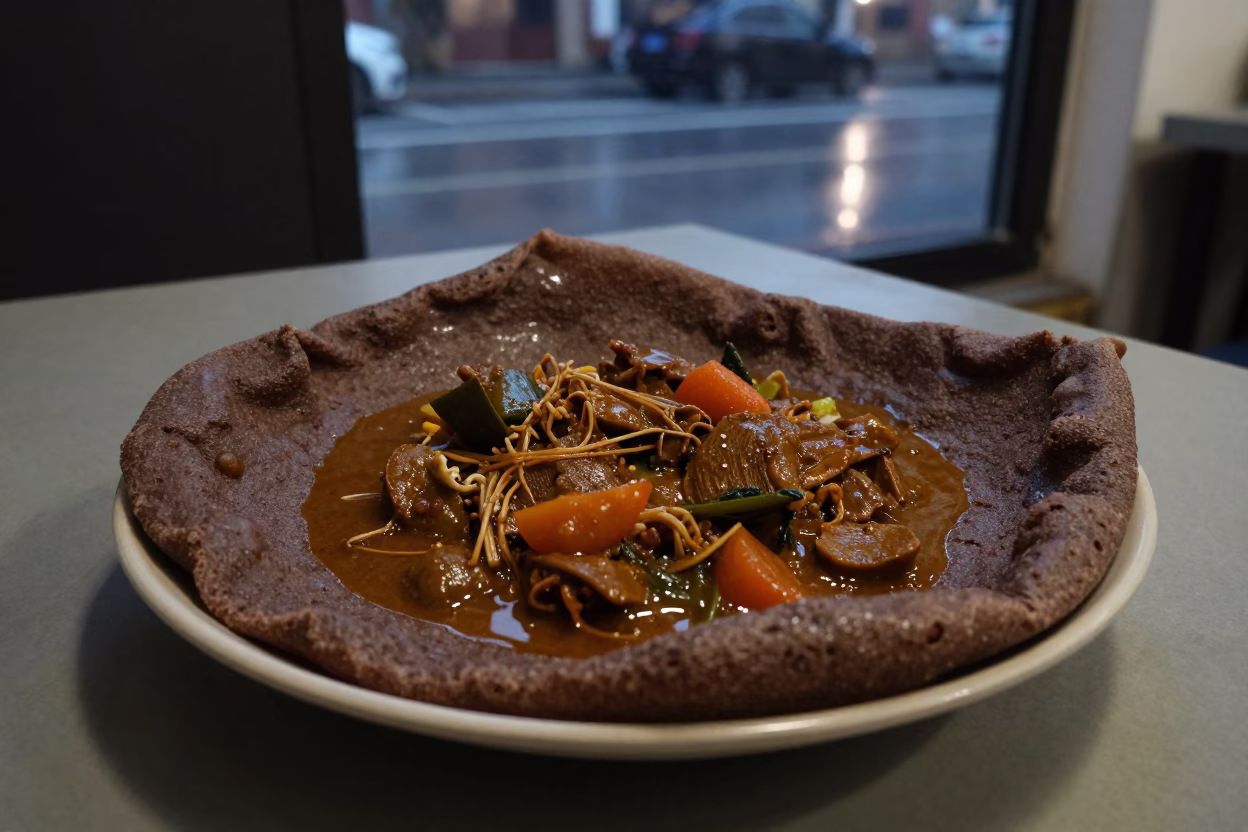 Doro Wat and Injera by Window at Night in on a ceramic plate by a window in Changsha