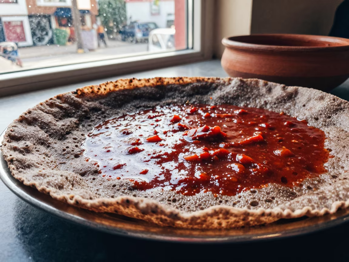 Doro Wat and Injera on Diner Table in at a roadside diner table in Tampere