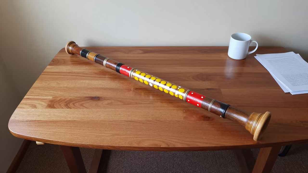 Dot Painted Didgeridoo on Alice Springs Desk in on a writing desk in Alice Springs
