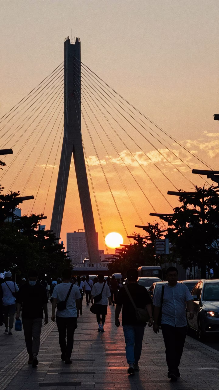 Dotonbori Bridge in Osaka at As The Sun Drops Toward The Horizon in in Osaka, Japan