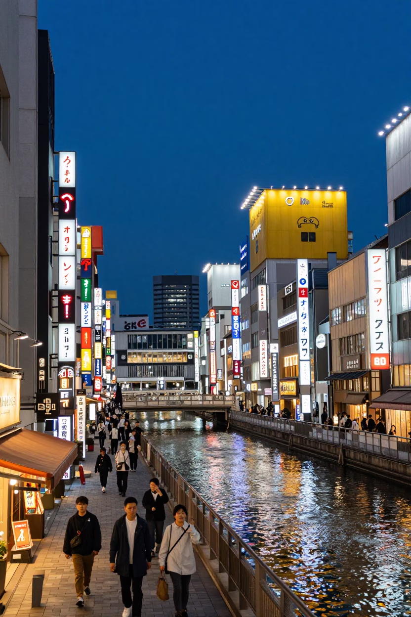 Dotonbori District in Osaka at The Last Blue Light Of Evening in in Osaka, Japan