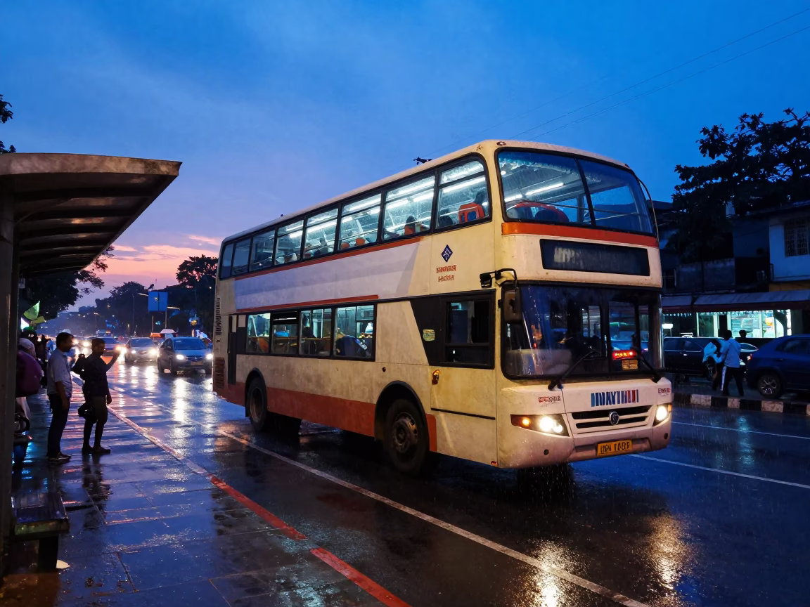 Double-decker bus at rainy Chennai bus stop in indigo twilight after sunset in in Chennai, India