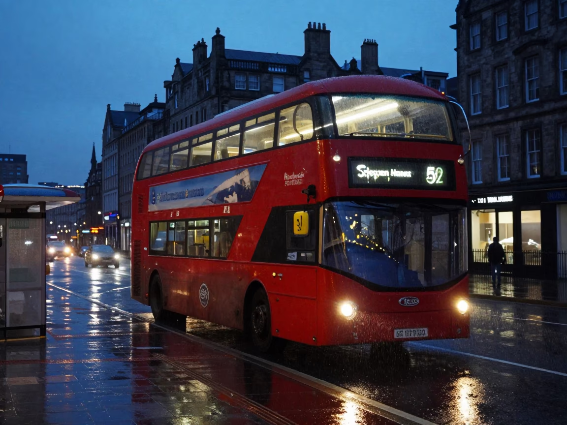 Double-Decker Bus at Rainy Edinburgh Bus Stop in Indigo Twilight in in Edinburgh, United Kingdom