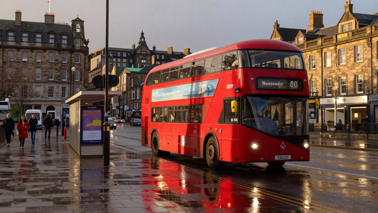 Double-Decker Bus in Edinburgh at Honeyed Evening Light in in Edinburgh, United Kingdom