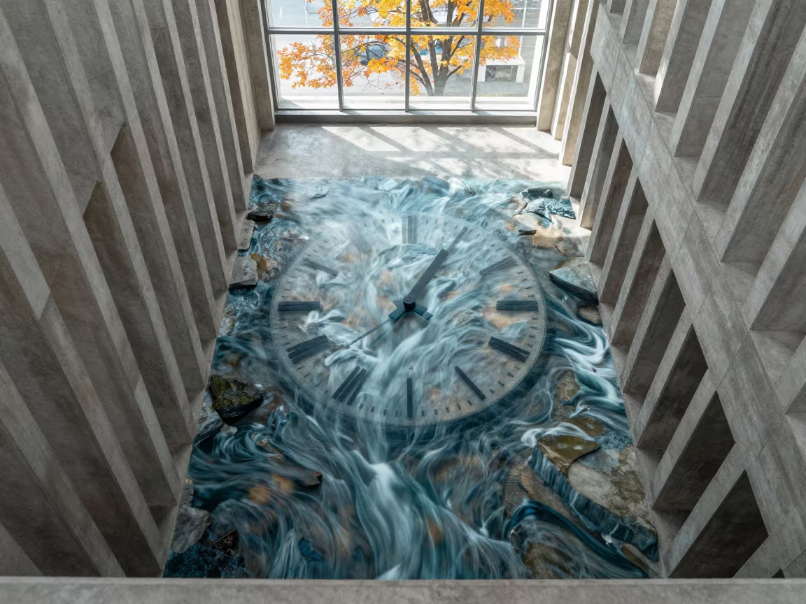 Double Exposure Clock River Lobby in inside a ribbed concrete lobby in Oklahoma City