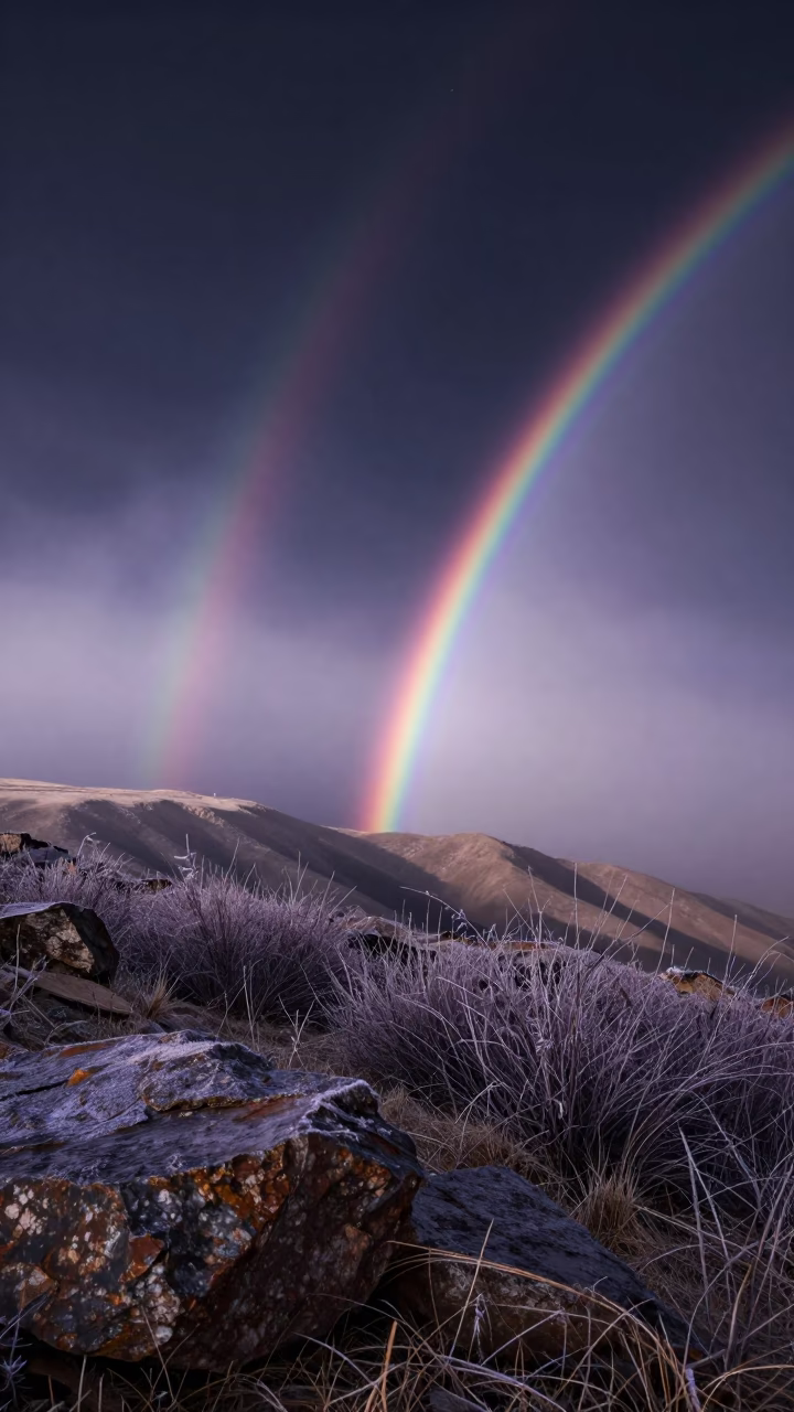 Double Lunar Rainbow Over Xinjiang Ridgeline in from a frost-hushed ridgeline in Xinjiang