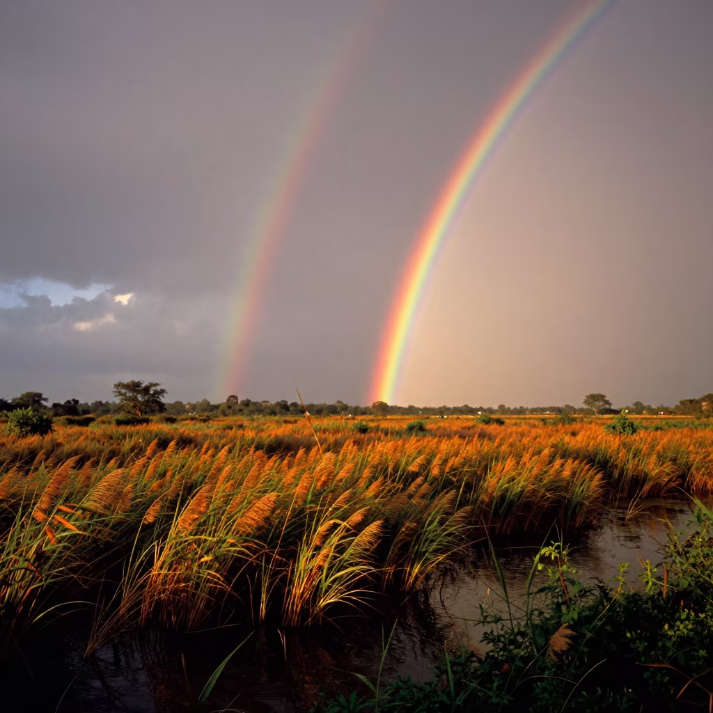 Double Rainbow Over Delhi Marshland Sunset in near Mehrauli, Delhi
