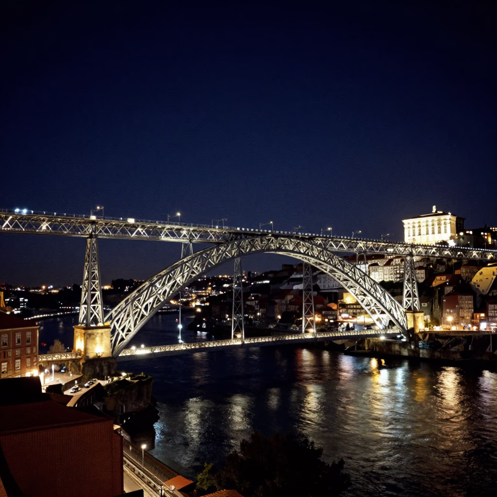 Douro River And Dom Luis Bridge Illuminated in Porto in in Porto, Portugal