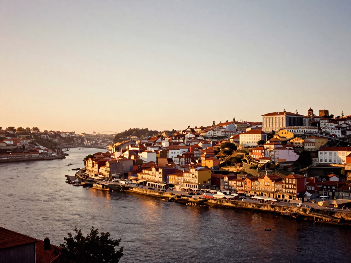Douro River in Porto at As The Sun Drops Toward The Horizon in in Porto, Portugal