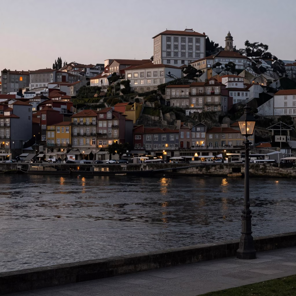 Douro Riverfront in Porto at Sunrise Light in in Porto, Portugal