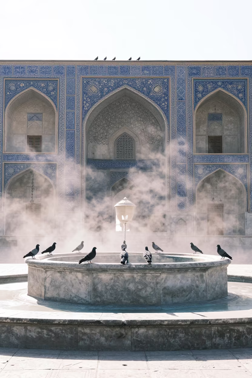 Doves on Marble Arch in Foggy Isfahan Courtyard in in a cloister garden near Isfahan