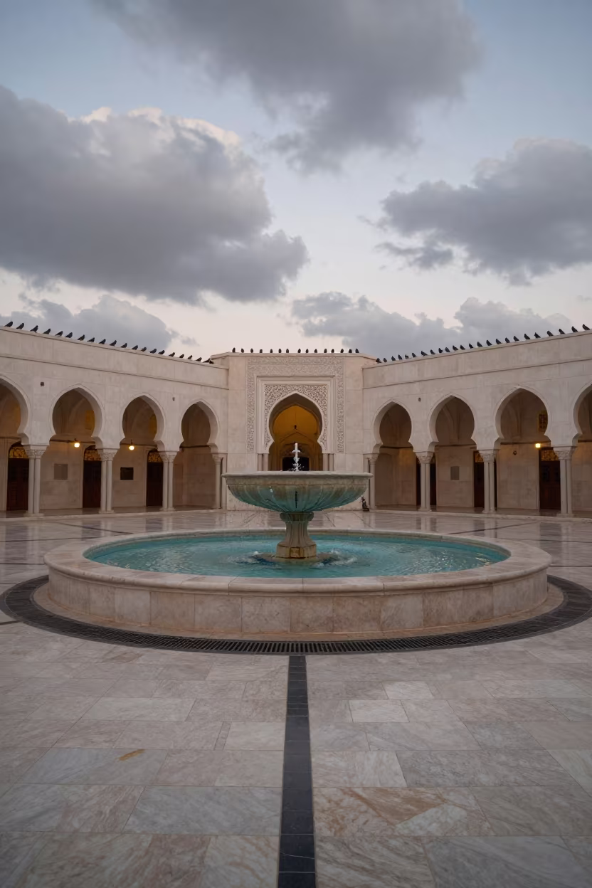 Doves on Marble Arches at Dubai Mosque Fountain in at a shrine entrance in Bur Dubai, Dubai