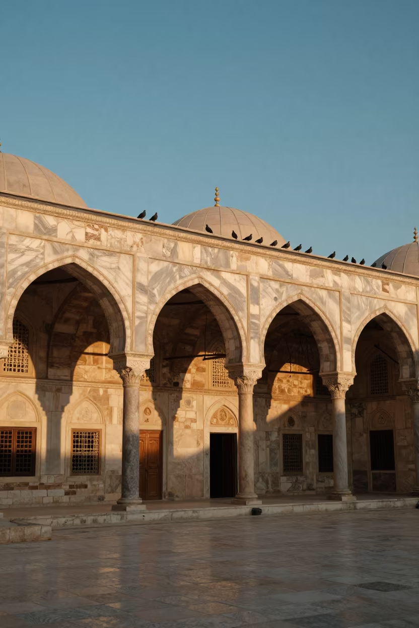 Doves on Marble Arches at Jordan Shrine at Sunset in at a shrine entrance in Jordan