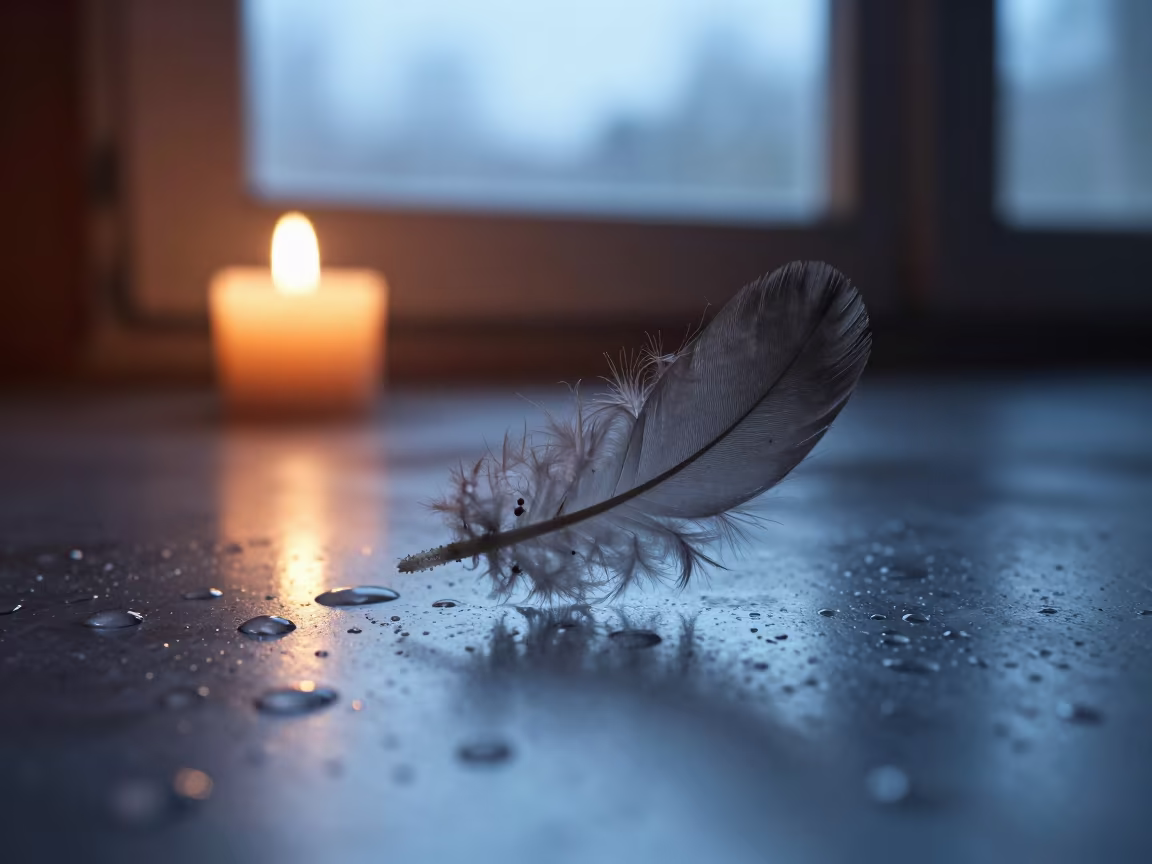 Down Feather Detail on Rain Beaded Metal in across a rain-beaded metal surface near Mallawi