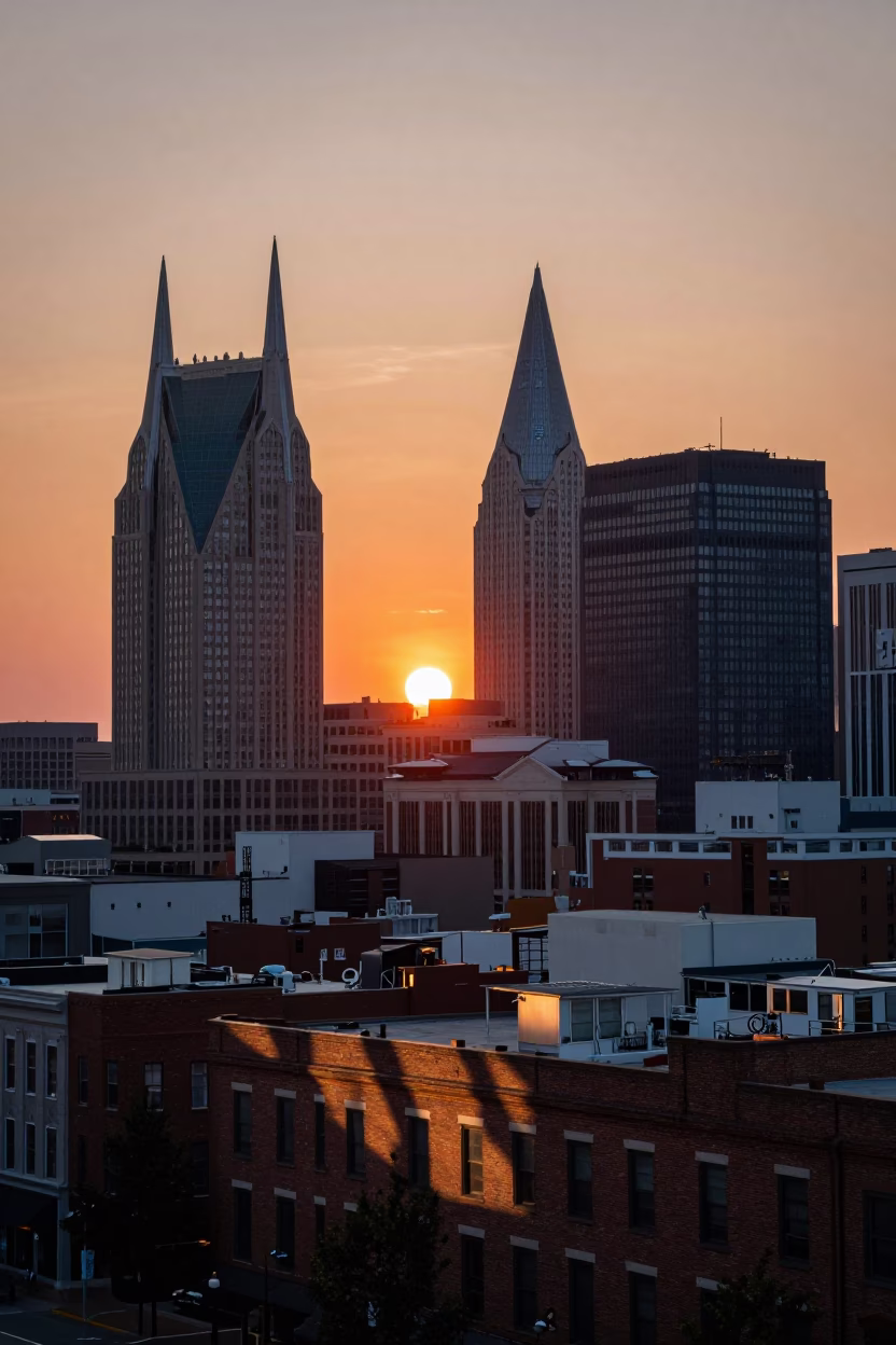 Downtown Nashville Tennessee Skyline at Sunset with Brick Architecture and Street Life in in Nashville, Tennessee, United States