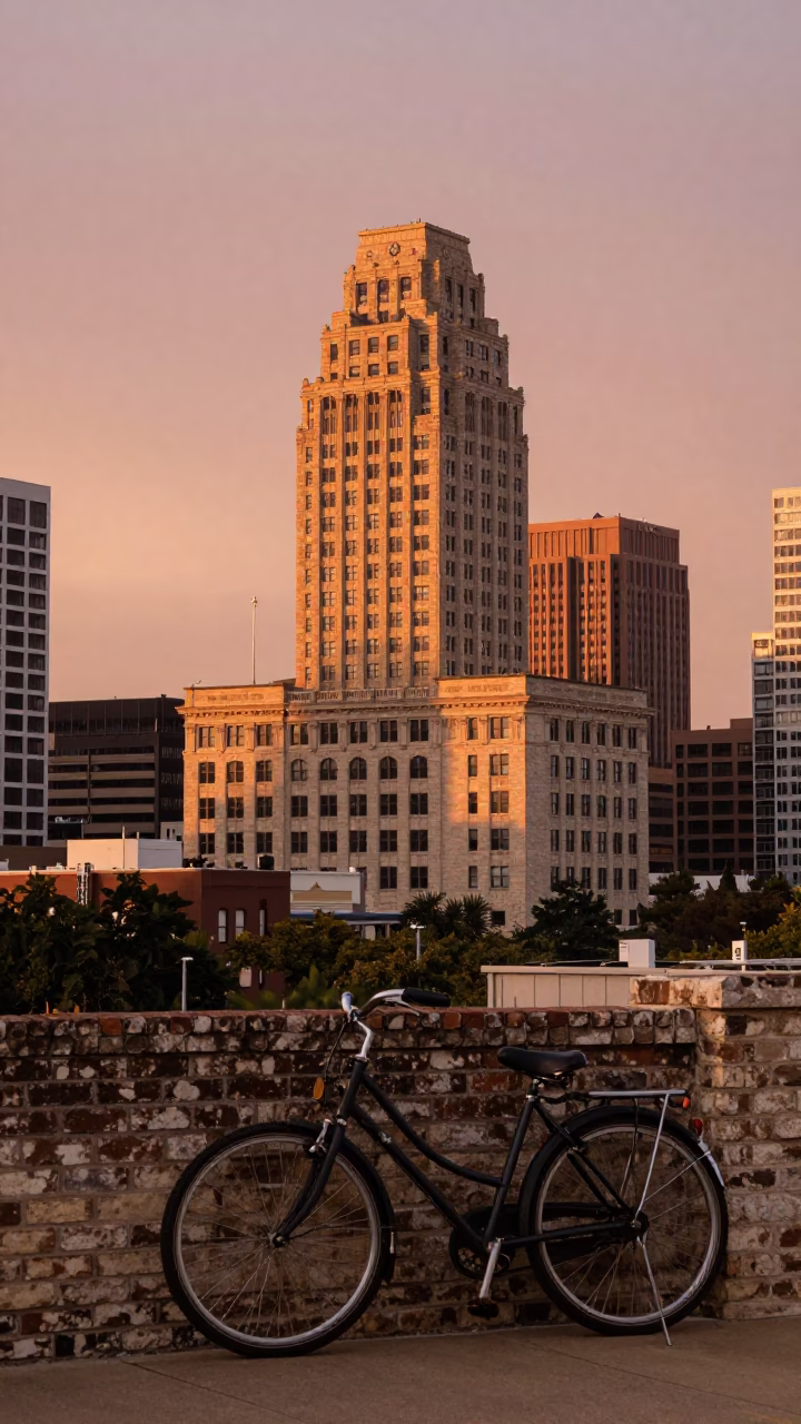 Downtown Skyline in Austin at Copper-toned Light Before Dusk in in Austin, Texas, United States