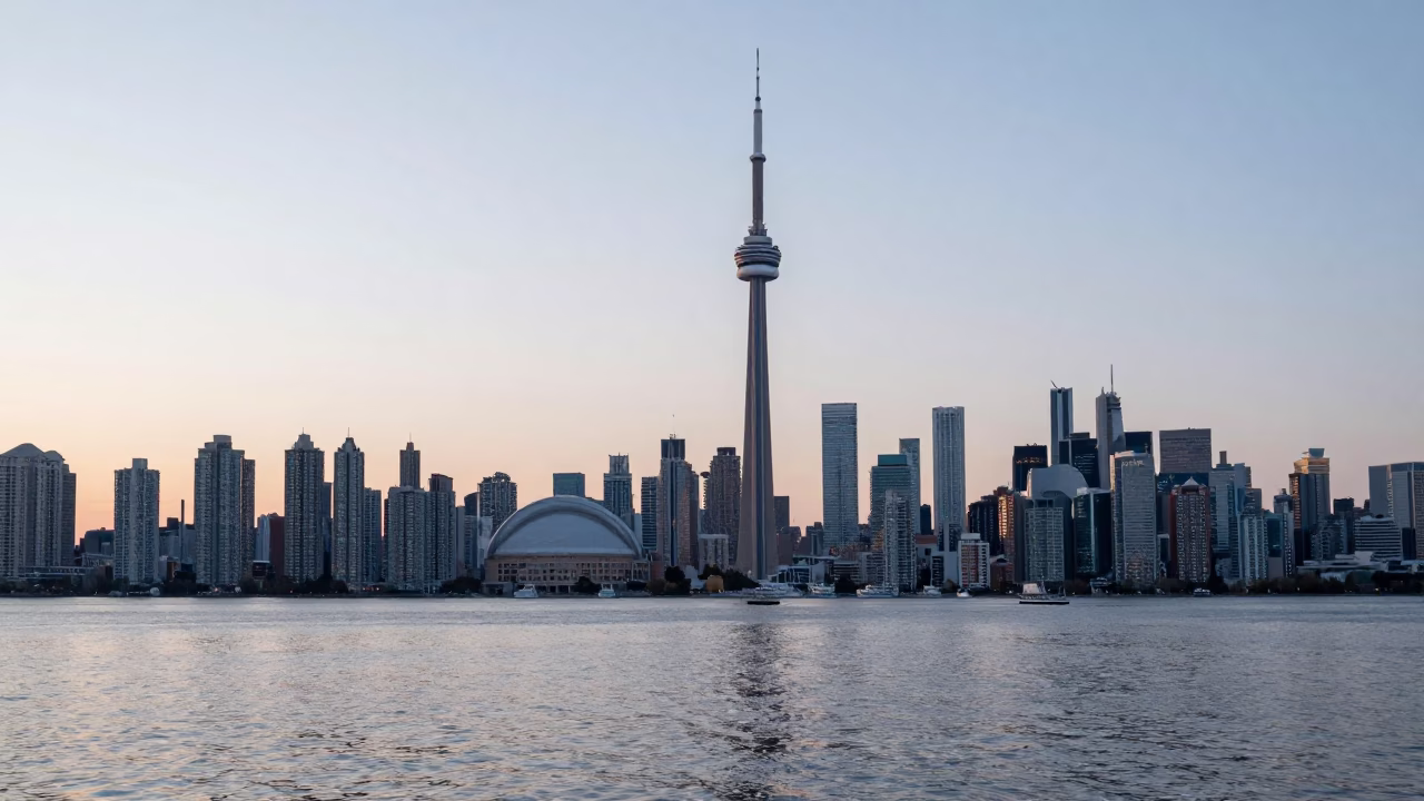 Downtown Skyline in Toronto at First Light Of Dawn in in Toronto, Ontario, Canada