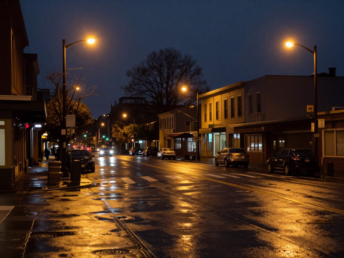 Downtown Street Scene in Portland at Midnight Light in in Portland, Oregon, United States