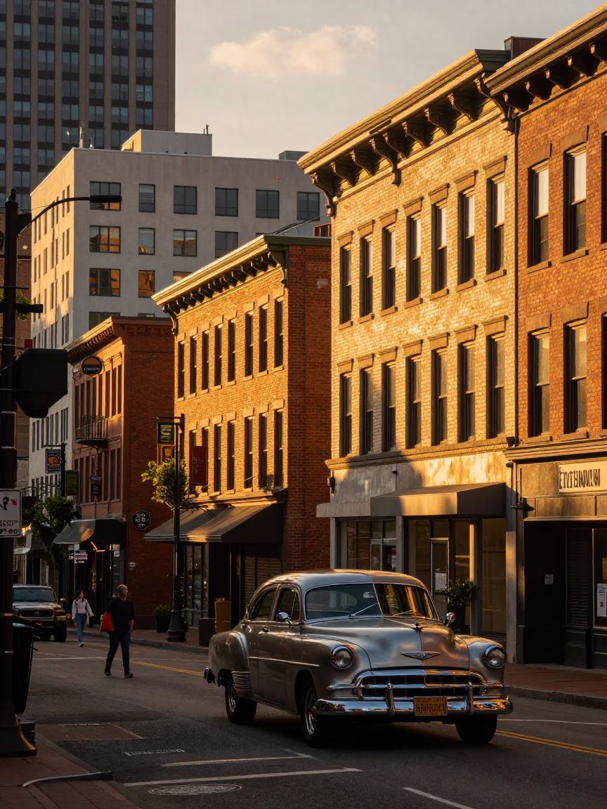 Downtown Street Scene in Portland at Sunset Light in in Portland, Oregon, United States