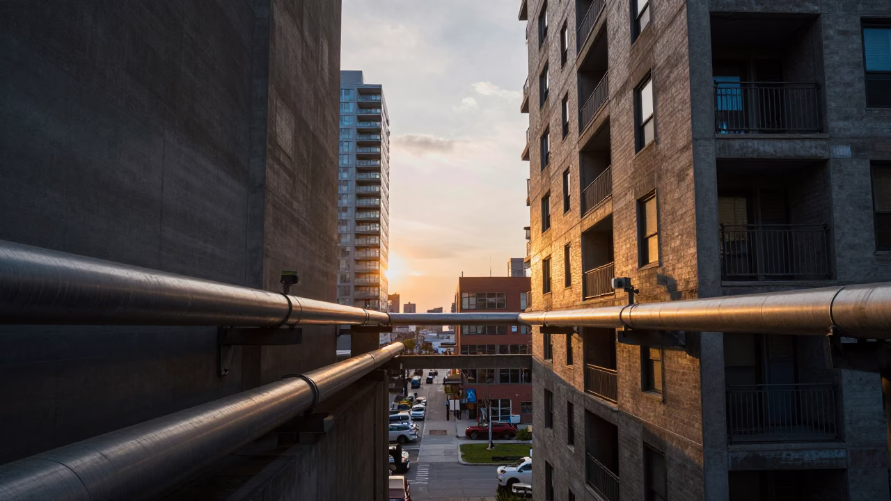 Downtown Toronto District Heating Pipes Crossing Between Concrete Apartment Blocks at Sunset in in Toronto, Ontario, Canada