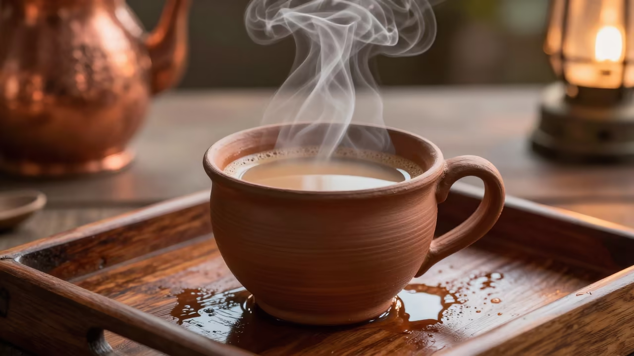 Downward Falling Chai Steam in Malabo in on a tea house tray in Malabo