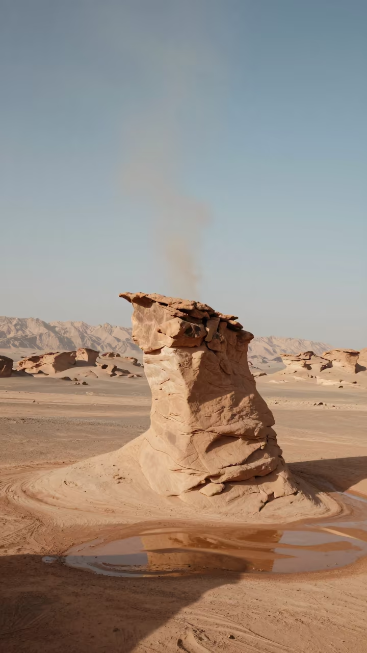 Downward Falling Smoke Hoodoo Desert Jordan in across a floodplain after rain in Jordan