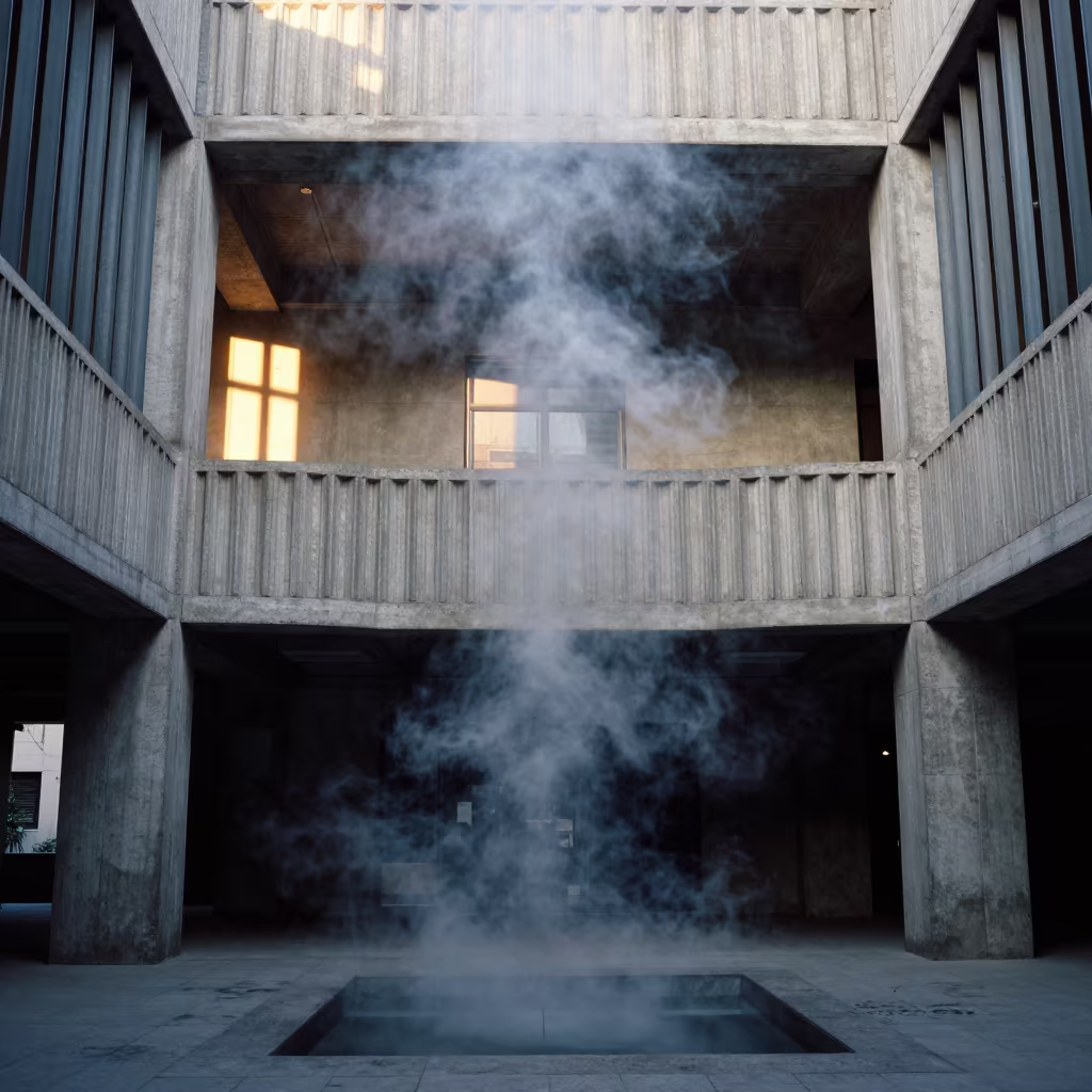 Downward Falling Smoke Steel Geometry Lobby in inside a ribbed concrete lobby in Islamabad