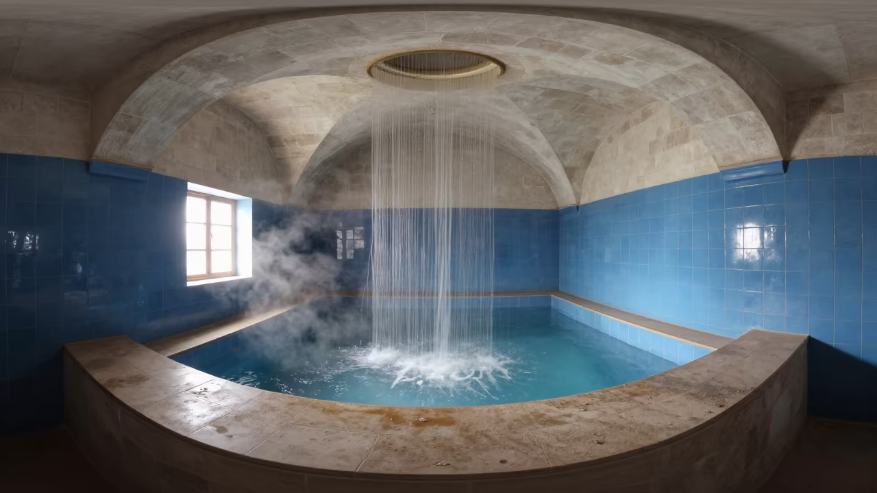 Downward Falling Steam in Mikveh Pool Room in on a dusty library table in Visakhapatnam