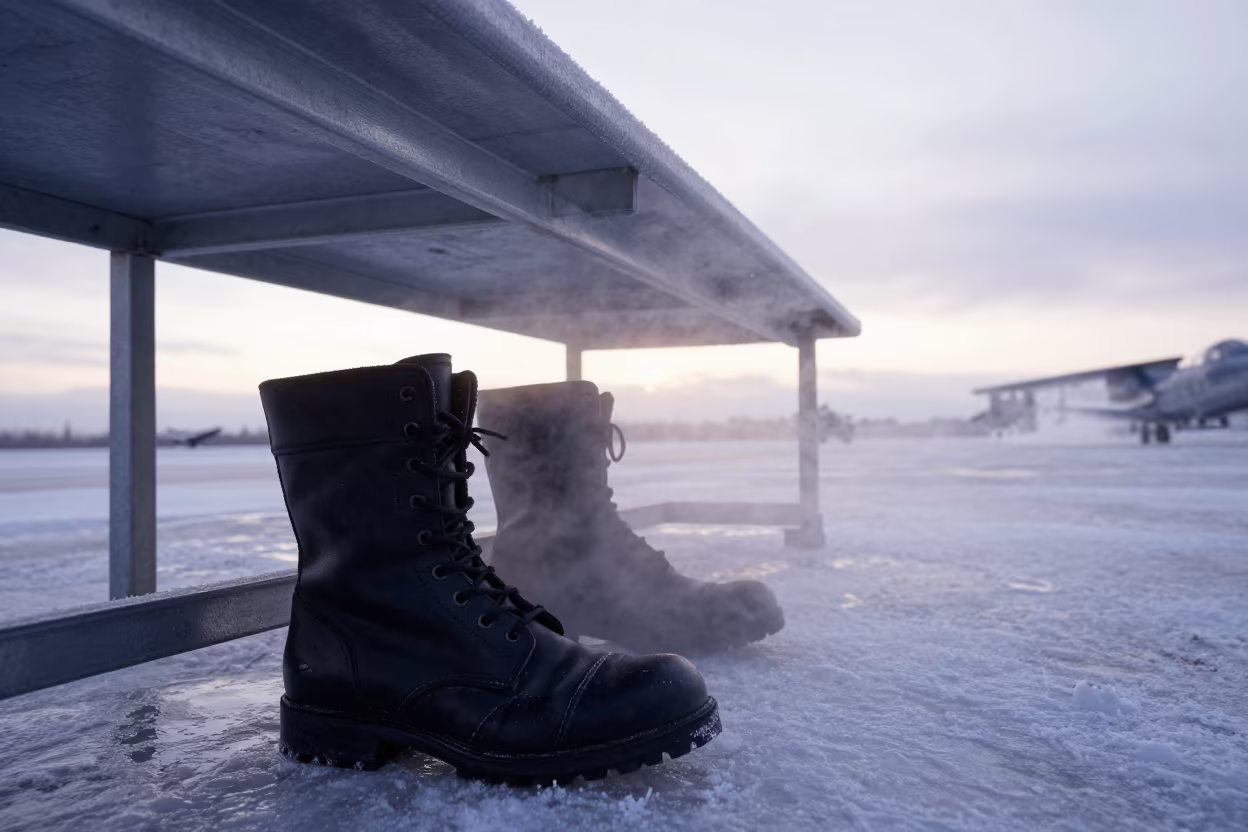 Downward Falling Steam on Siberian Boot Rack in along an airbase flight line in Siberia