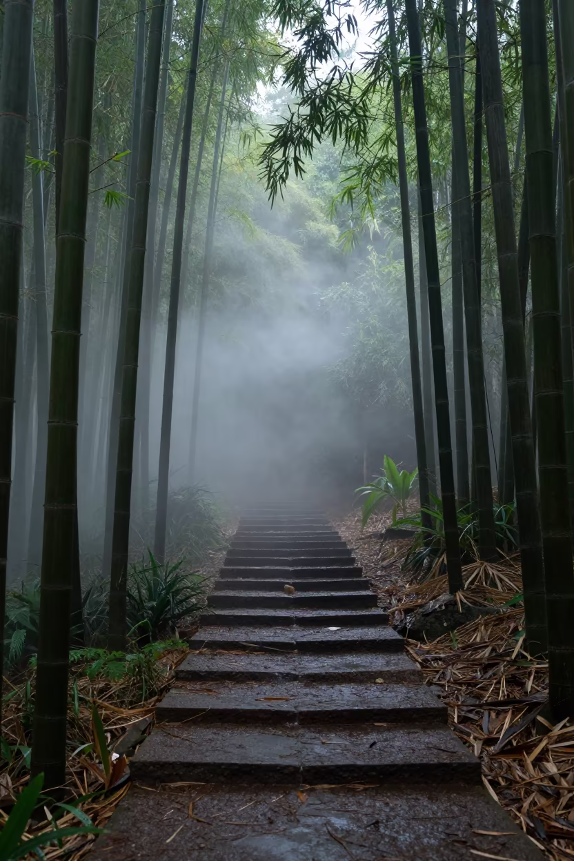 Downward Smoke Bamboo Path Queensland in among terraced garden plots in Queensland