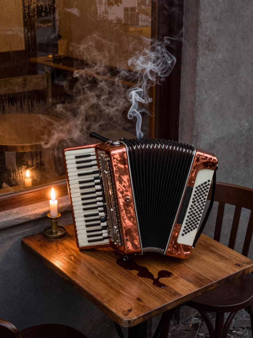 Downward Smoke Bandoneon Tango Recoleta Cafe in on a cafe table by a window in Recoleta, Buenos Aires