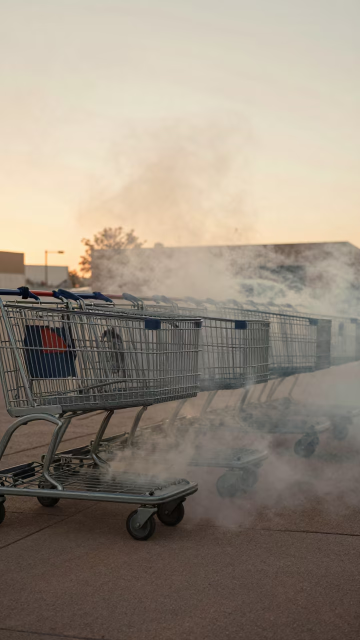 Downward Smoke Restock Cart Albuquerque in beside a supermarket cart corral in Albuquerque