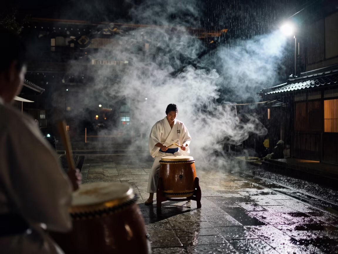 Downward Smoke Taiko Drummer Kyoto Shrine in in a shrine courtyard in Pontocho, Kyoto