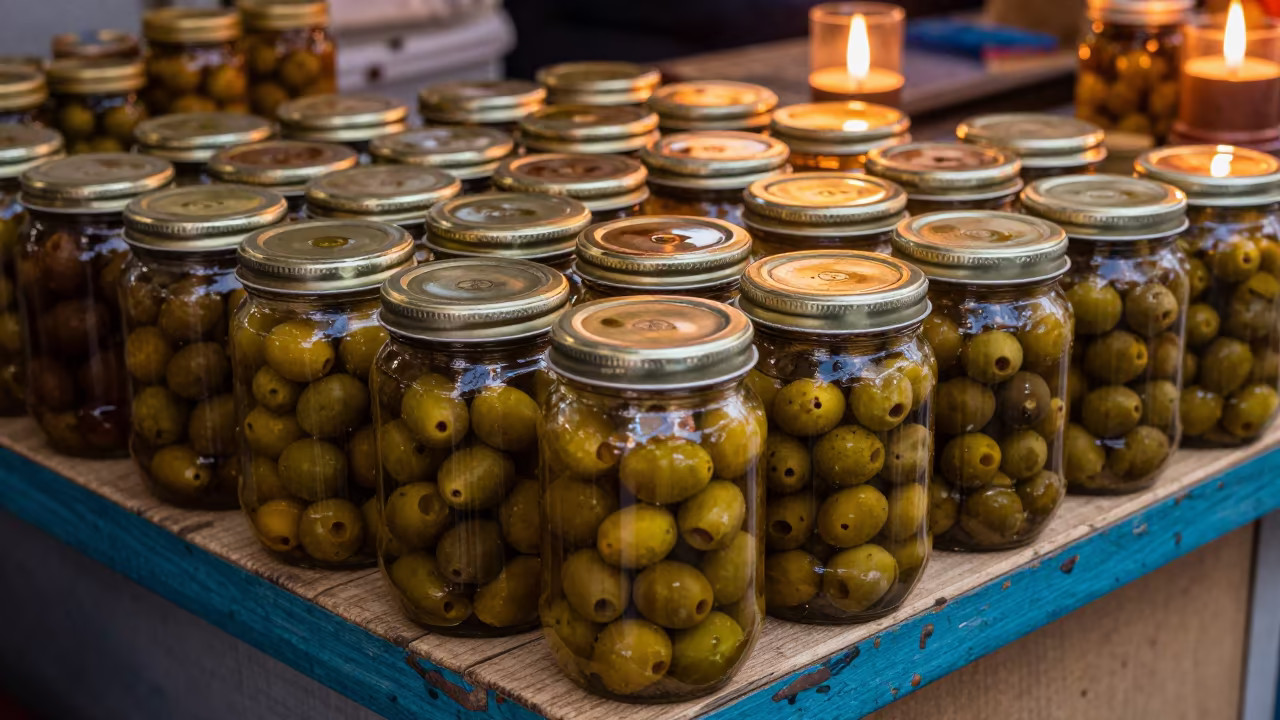 Dozens of Olive Marinades at Mumbai Market in on a painted produce display table in Navi Mumbai