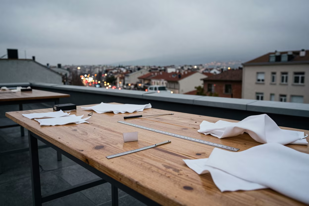 Drafting Tools on Bursa Rooftop After Rain in on a rooftop above evening traffic in Bursa