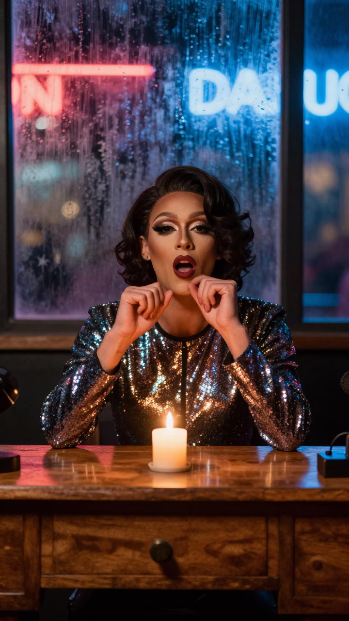 Drag Performer Lip Syncing Under Warm Candlelight in on a writing desk near Asaba