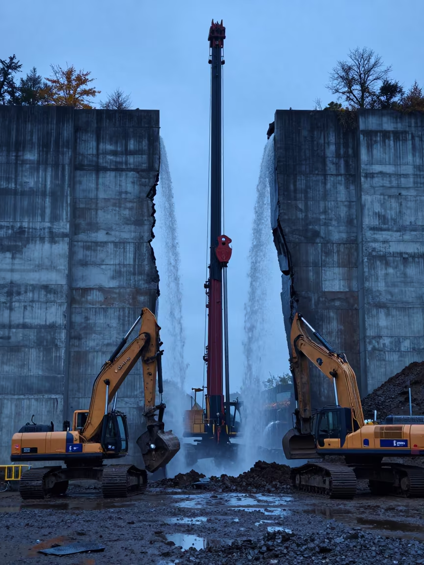 Dragline Excavator Surreal Waterfall Evening in under gantries and utility towers in the Loire Valley