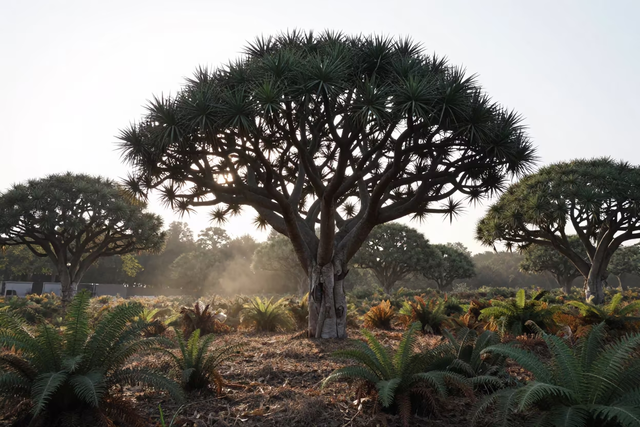 Dragon Blood Tree in Beijing Winter Fern Forest in on a fern-lined forest floor near Houhai, Beijing