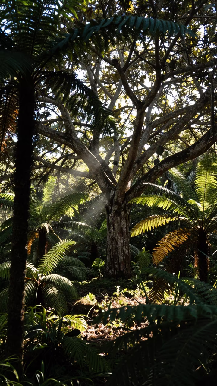 Dragon Blood Tree in Fern Forest Near Merida in on a fern-lined forest floor near Merida