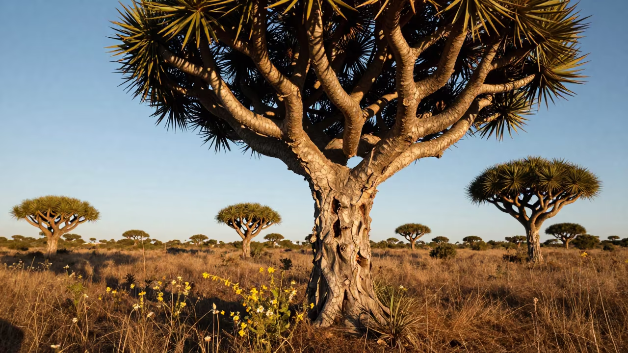 Dragon Blood Tree in Golden Hour Meadow in in a bloom-heavy meadow near Tarapoto