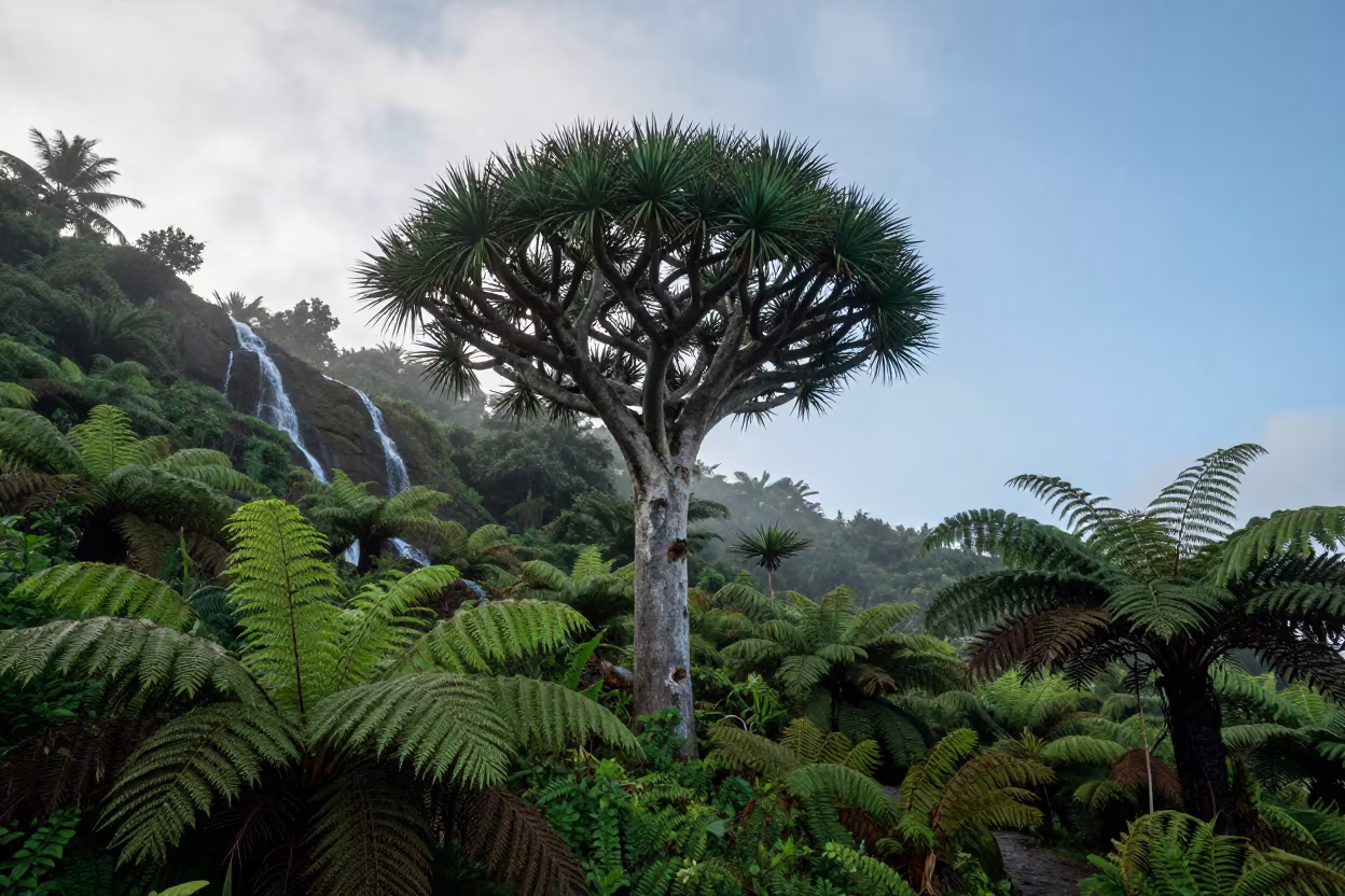 Umbrella Dragon Blood Tree on Maldives Forest Floor in on a fern-lined forest floor in Maldives