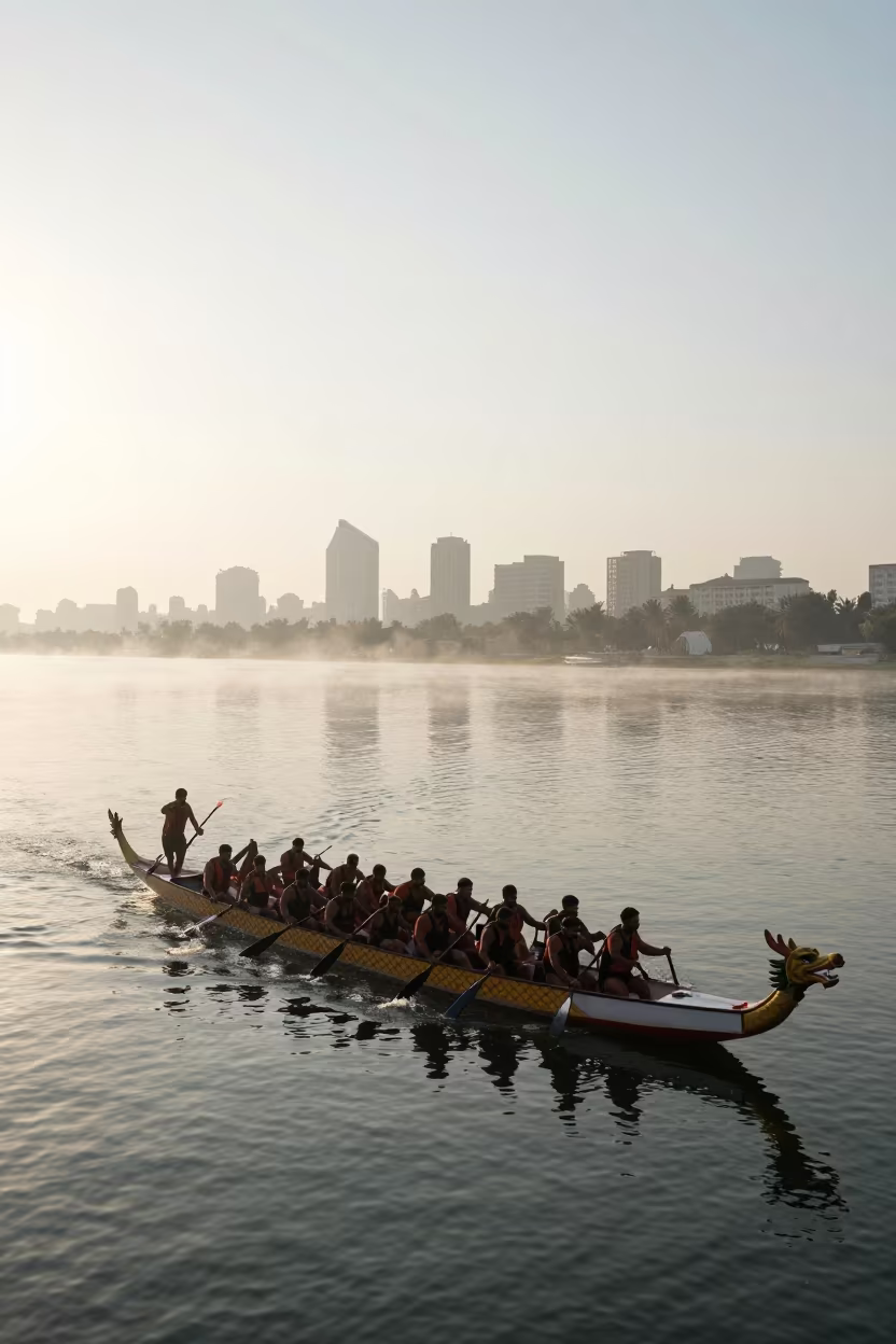 Dragon Boat Crew Paddling Near Baghdad at Sunrise in along a switchback approach near Baghdad