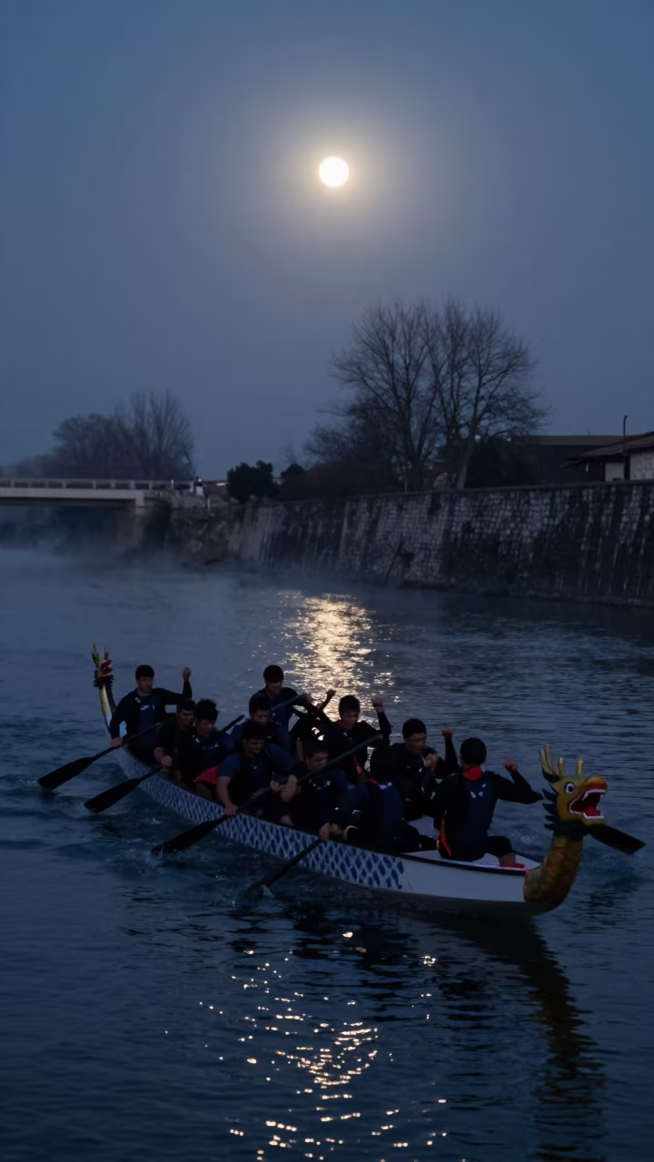 Dragon Boat Crew Paddling Umbria Moonlight in along a switchback approach in Umbria