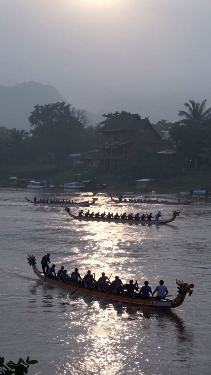 Dragon Boat Race in Foggy Winter Rain in beside a fogbound harbor mouth near Luang Prabang