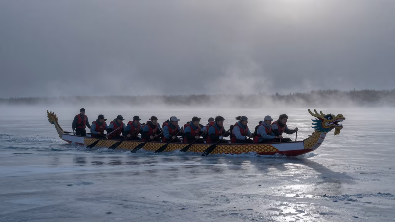 Dragon Boat Race on Mongolian Causeway Night Mist in on a wind-open causeway in Mongolia