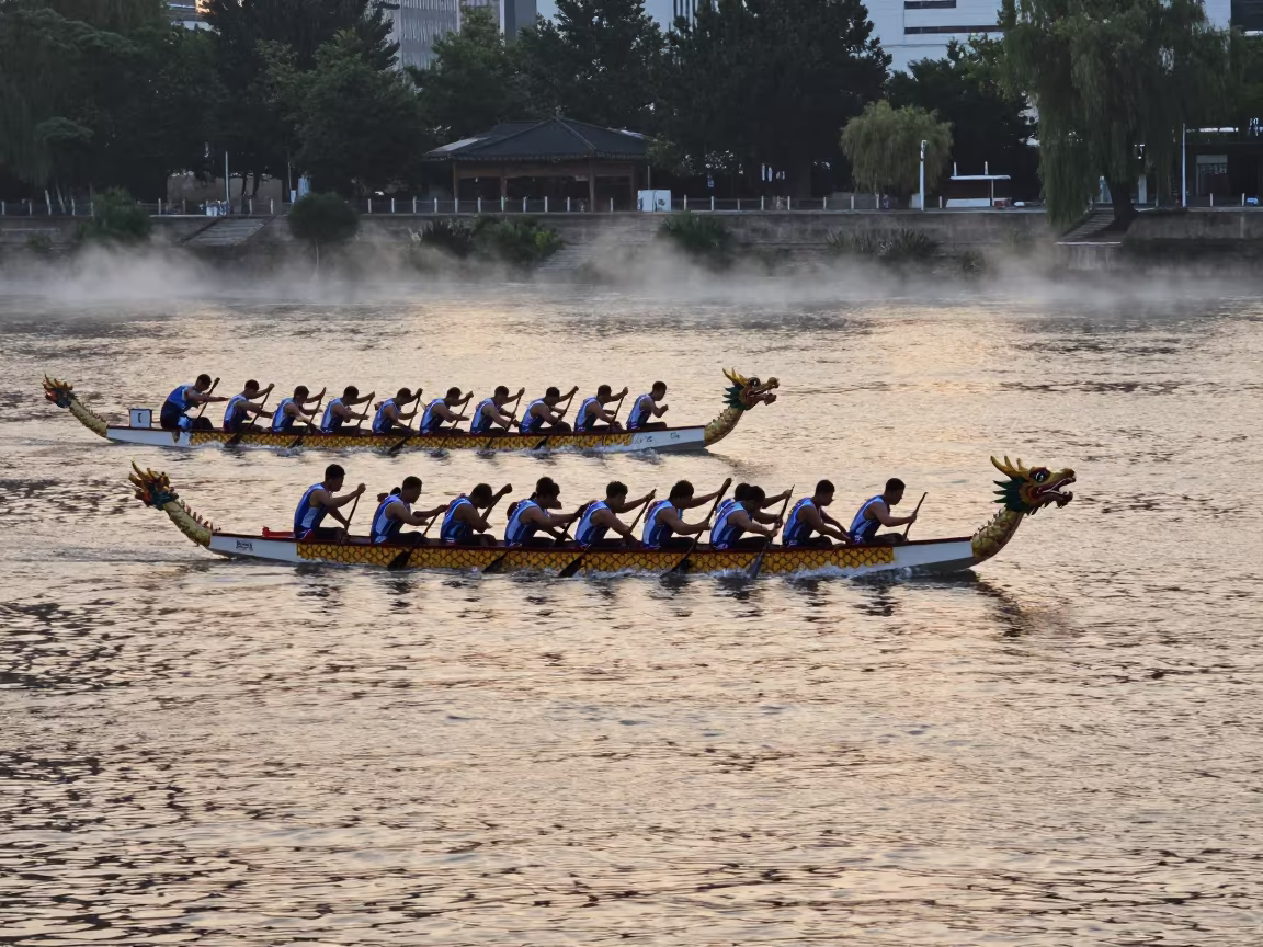 Dragon Boat Race Along Rotterdam River Bend in along a switchback approach near Rotterdam