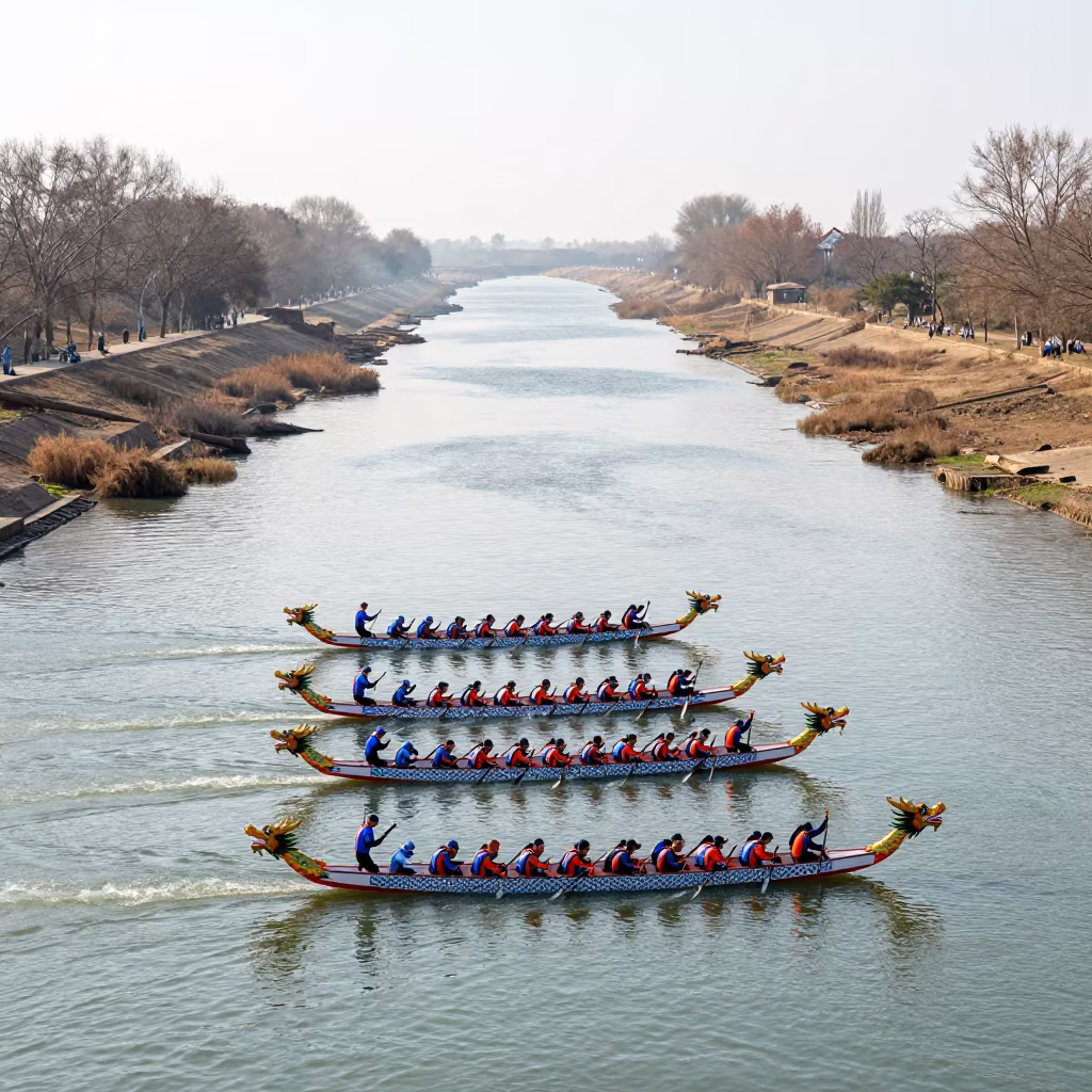 Dragon Boat Race on Silk Road Causeway in on a wind-open causeway in the Silk Road