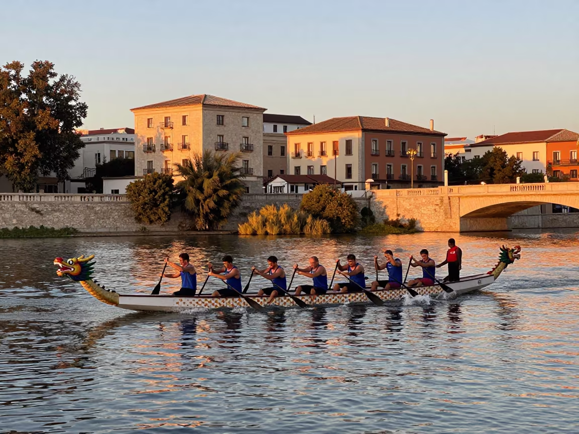 Dragon Boat Team Racing Near Barrio de las Letras in across a remote ferry crossing near Barrio de las Letras, Madrid