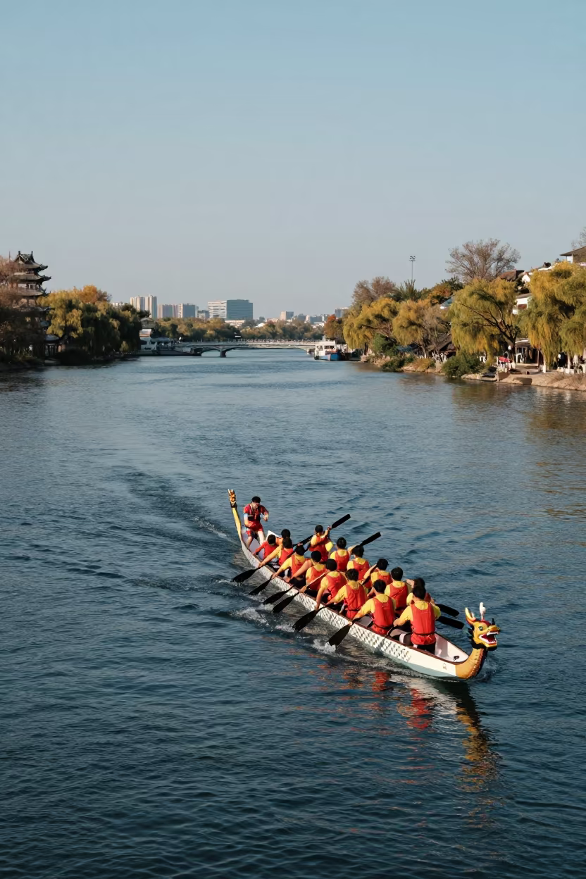 Dragon Boat Team Racing Ferry Crossing Late Afternoon in across a remote ferry crossing near Jinan